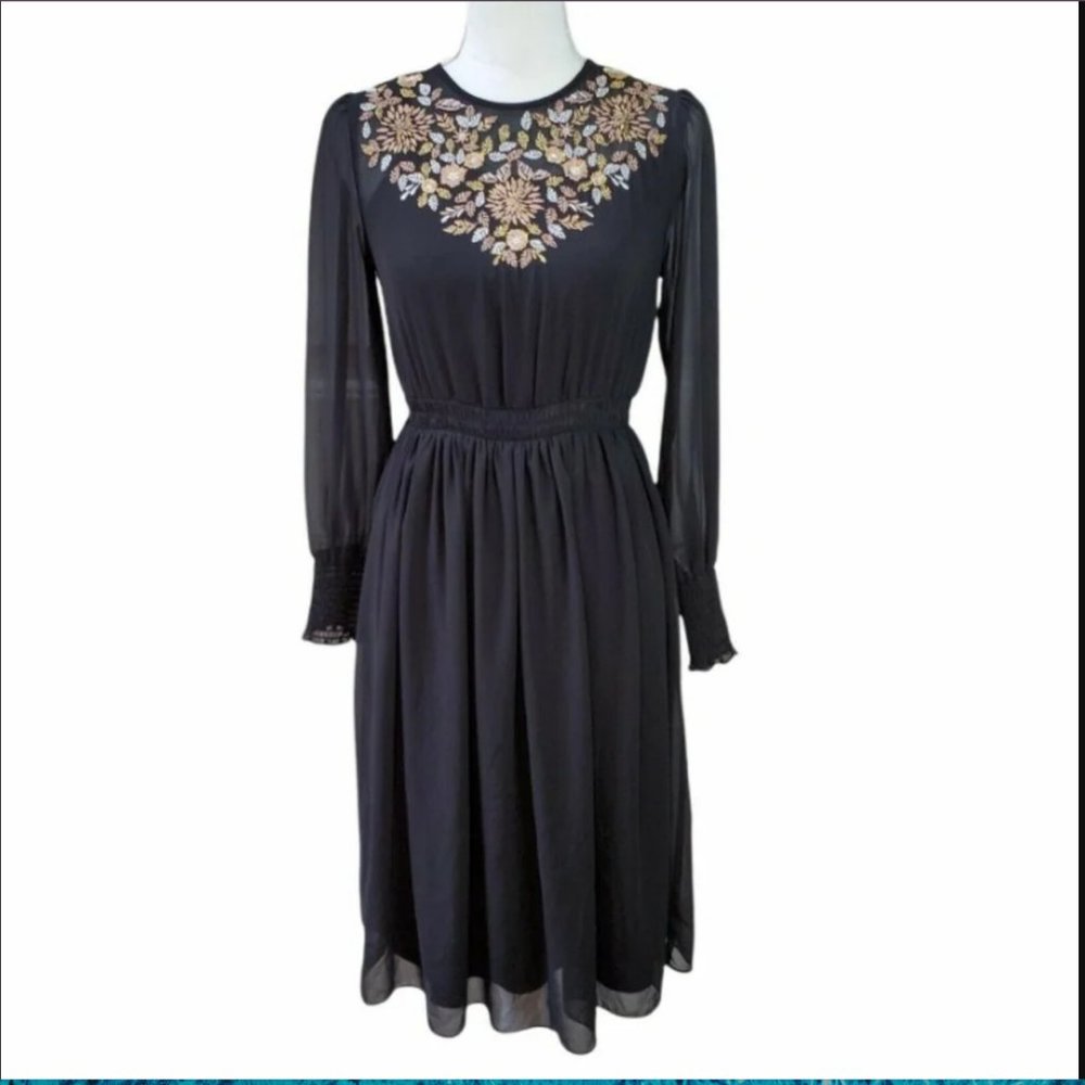 Black chiffon Nanette Lepore knee-length dress pink gold floral embroidered 16
